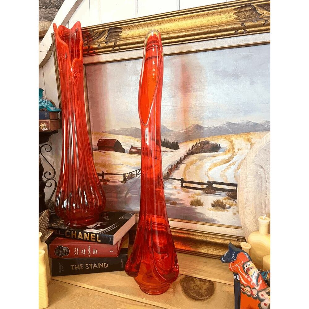 Vintage Viking Glass Amberina Draped Vase 26" UV Reactive Swung Art Glass
